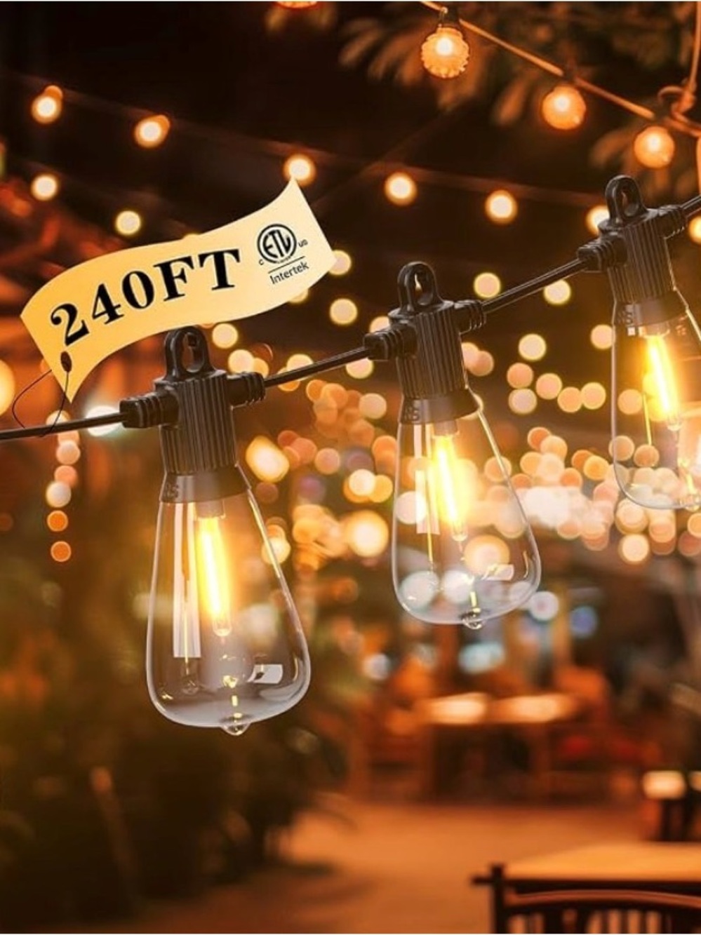 Outdoor String Lights, 240 feet, Patio Lights, Shatter-proof Plastic Bulbs